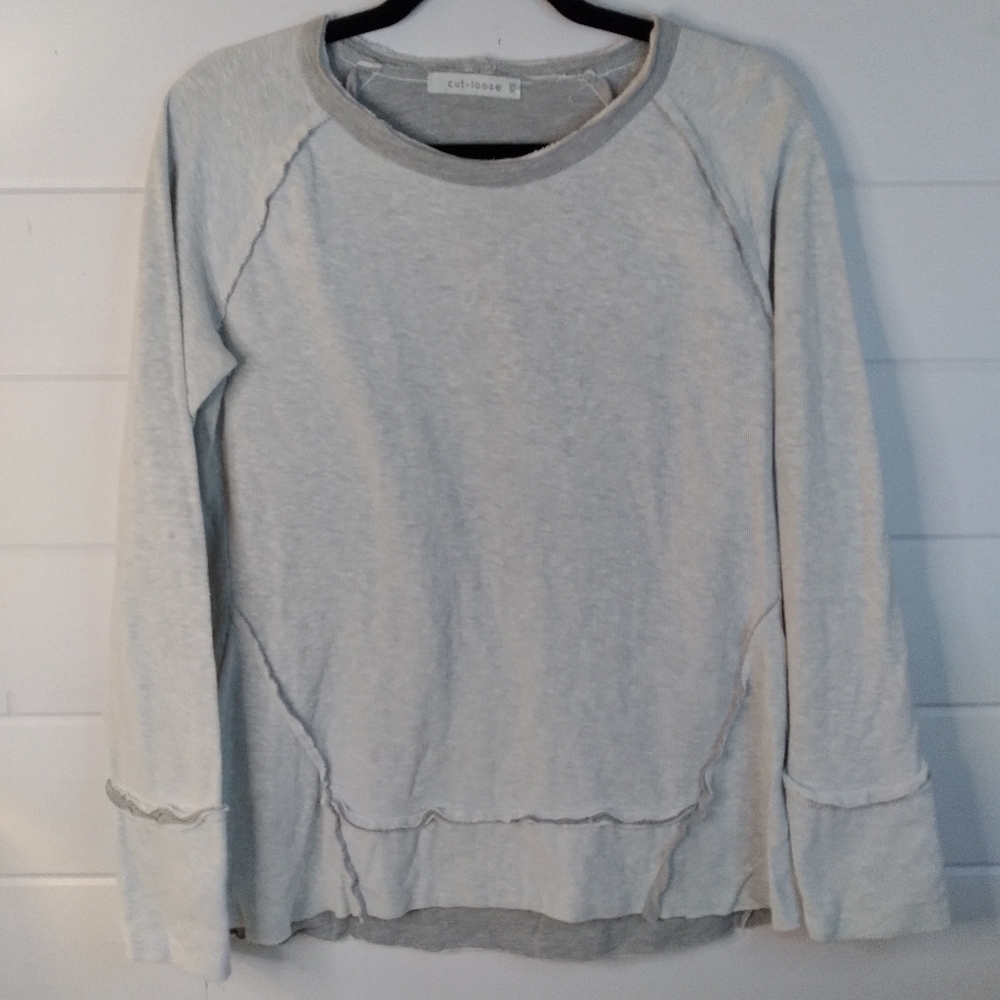 Cut-Loose raw edges distressed patch like build marled grey crew neck sweatshirt